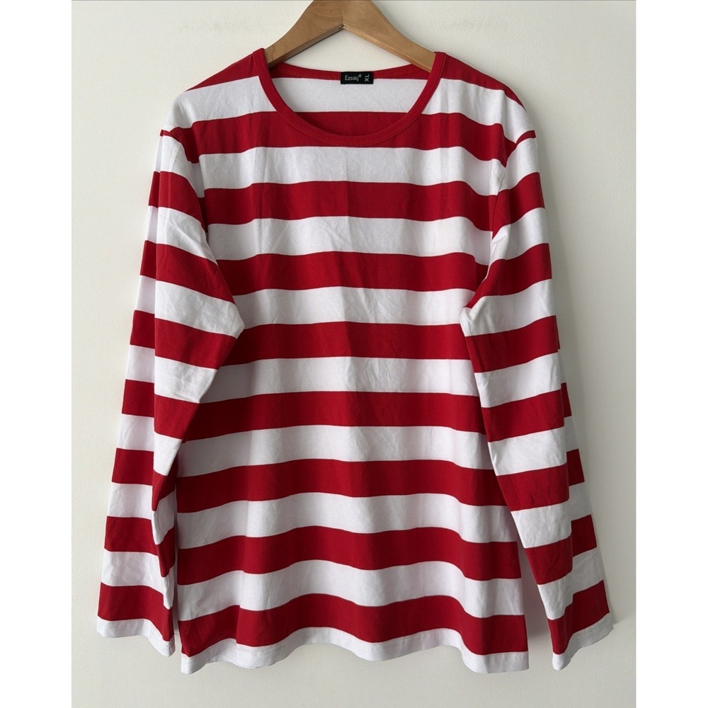 Red & White Striped Long Sleeve T-Shirt Crew Neck Size XL Coastal Nautical